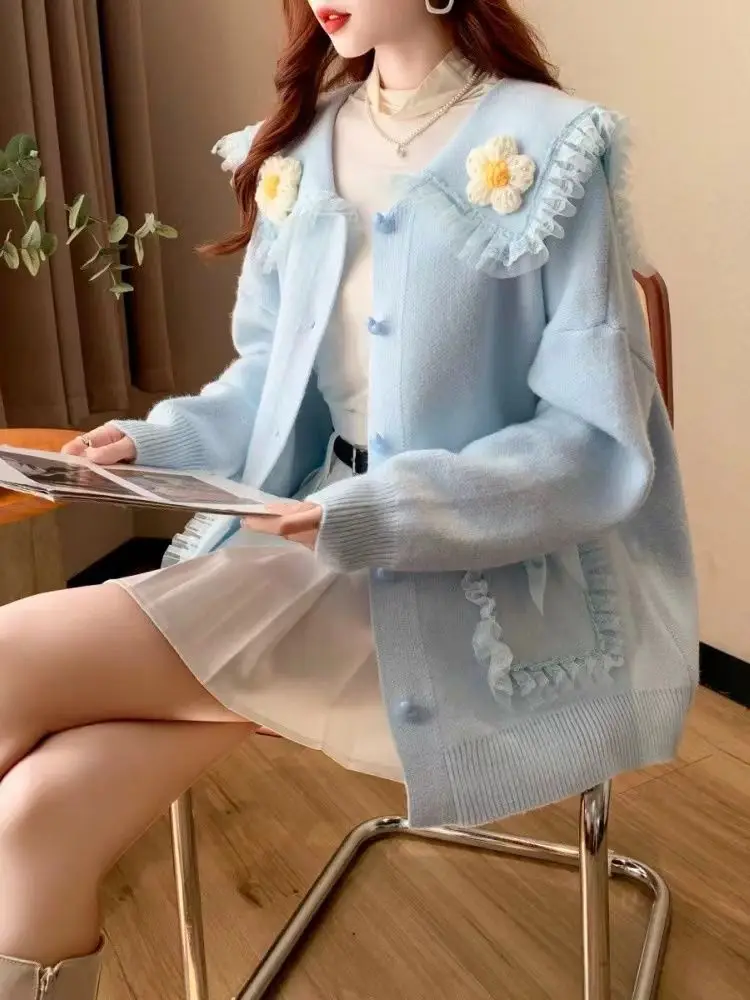 Sweet Peter Pan Collar Pockets Bow Lace Cardigan Sweaters Female Clothing 2024 Autumn Winter New Loose Knitted Young Style Tops Sweet Peter Pan Collar Pockets Bow Lace Cardigan Sweaters Female Clothing 2024 Autumn Winter New Loose Knitted Young Style Tops
