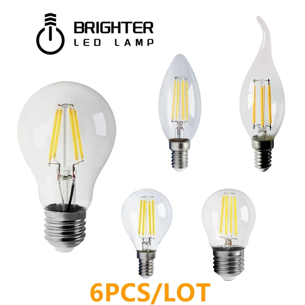 

6PCS LED Candle Bulb C35 G45 ST64 A60 Vintage Lamp E14 LED E27 220V LED Globe 4W 6W 8W Filament Edison LED Light Bulbs