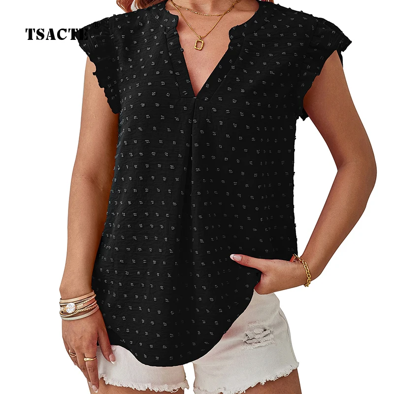 

New Casual V-neck Polka Dot T-shirt For Spring Summer Printed Pile Up Sleeves Women Jacquard Loose Top 2024 New Womens Clothing