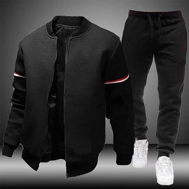 

New Mens Jacket Fashion Casual Bomber +Sweatpants 2 Piece Set Solid Color Slim Stand Collar Coats Tracksuit Plus Size