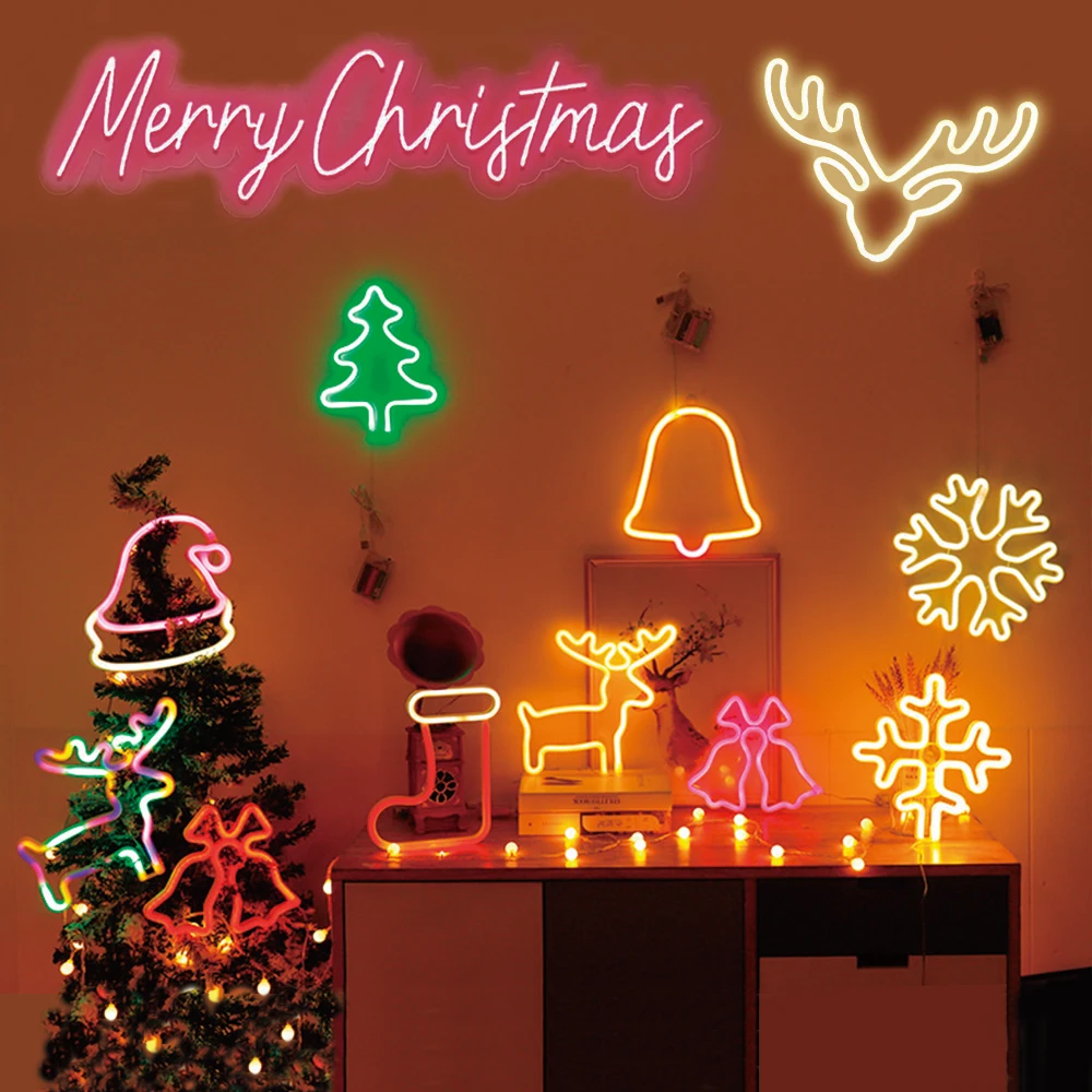 

Christmas Neon Sign Xmas Tree Elk Bells LED Neon Night Light Christmas Tree Pendant Home Bar Party Holiday Christmas Decoration