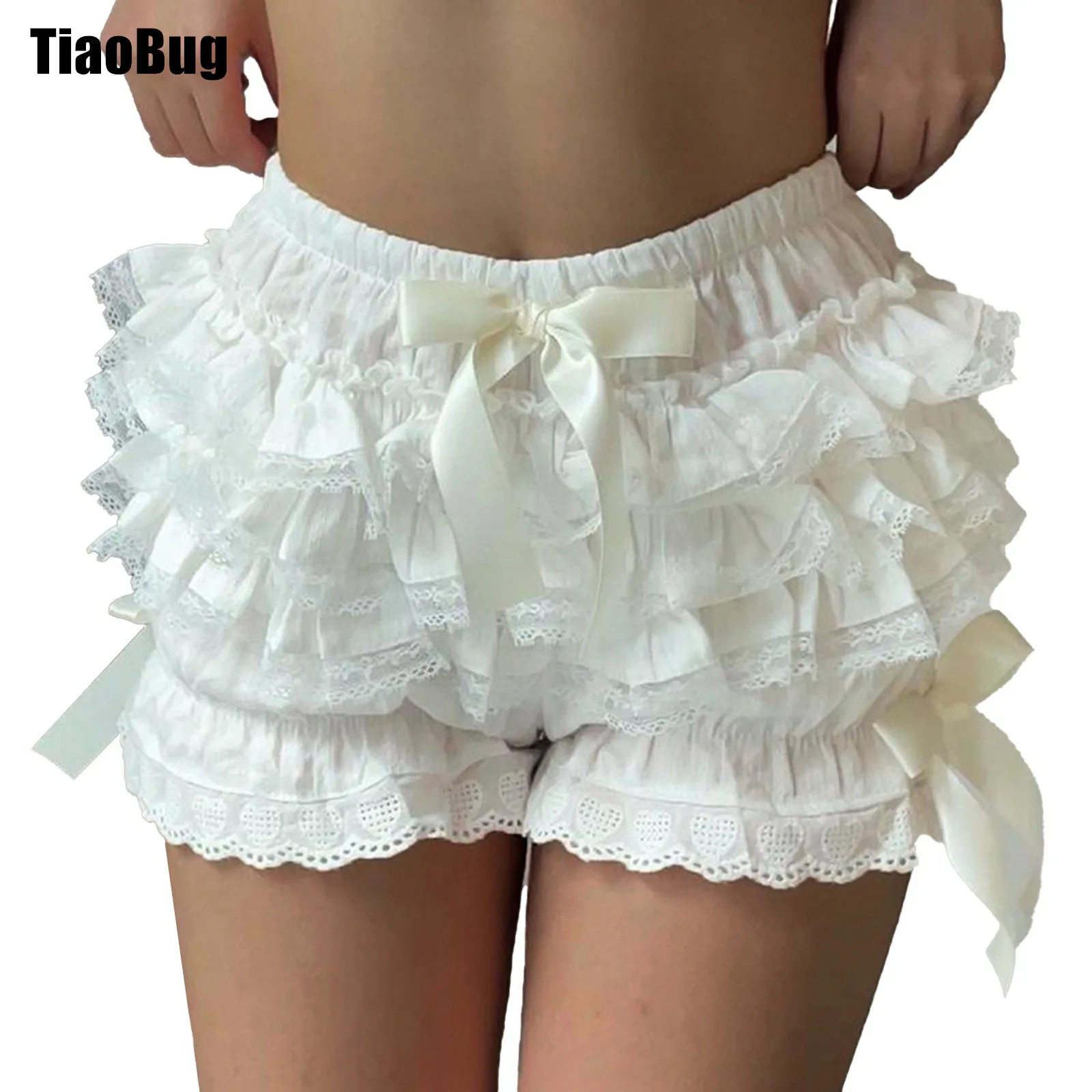

Womens Lace Trim Tiered Ruffle Bloomers Cute Bowknot Elastic Waistband Shorts for Theme Party Masquerade Role Play