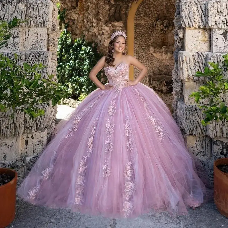 

Pink Princess Quinceanera Dresses Off Shoulder Applique Lace Tull Floral Lace-up Prom vestido de 15 verde Birthday Party Gowns