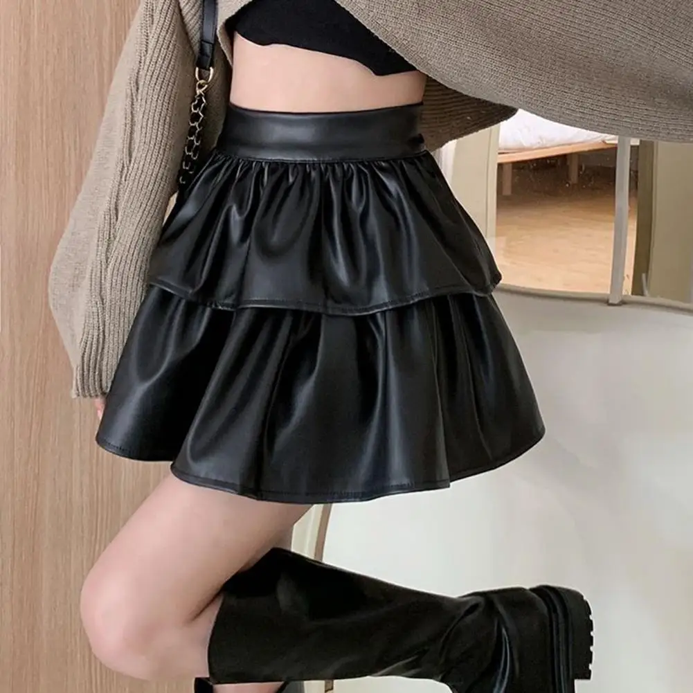 

Stylish Pleated Hem Fluffy Faux Leather Short Skirt Party Street Wear Beige/Black/Coffee Pleated Skirt Female Clothing
