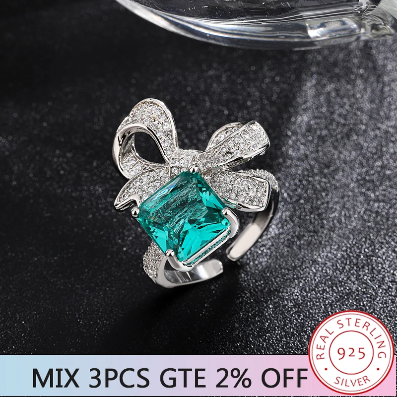 

High Quality New Bow Women's Ring Fashion Shiny Green Zircon Jewelry Opening Adjustable Party Ring 925 Silver Plated Jewelry