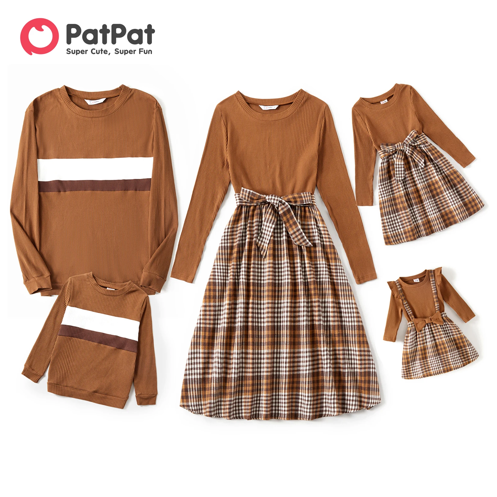 

PatPat Family Matching Outfits Winter Coffee Ribbed Spliced Plaid Belted Dresses and Long-sleeve Colorblock Tops Clothes Set