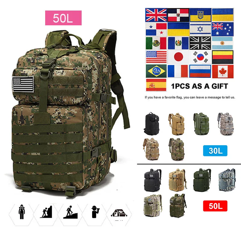 

30L/50L Outdoor Hiking Backpacks Tactical Pack Travel Bag Mountaineering New Portable MOLLE 3P Tactical Pack Travel Bag