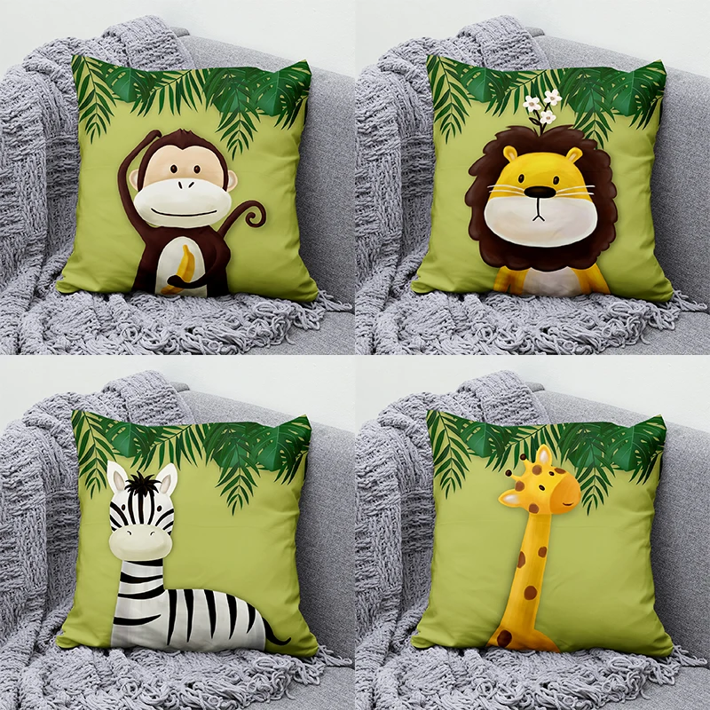 

Cartoon animal zoo Hold pillowcase Jungle green leaf Sofa chair cushion cover children's room home decoration