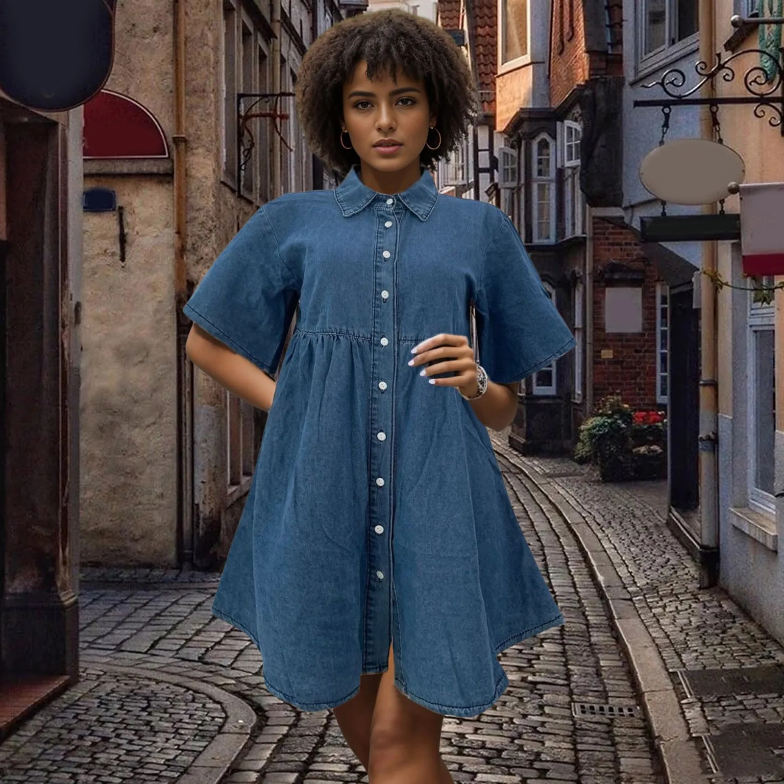 

Women's Short Sleeve Button Down Flowy Tiered Denim Dress Romper Dress with Pockets And Shorts