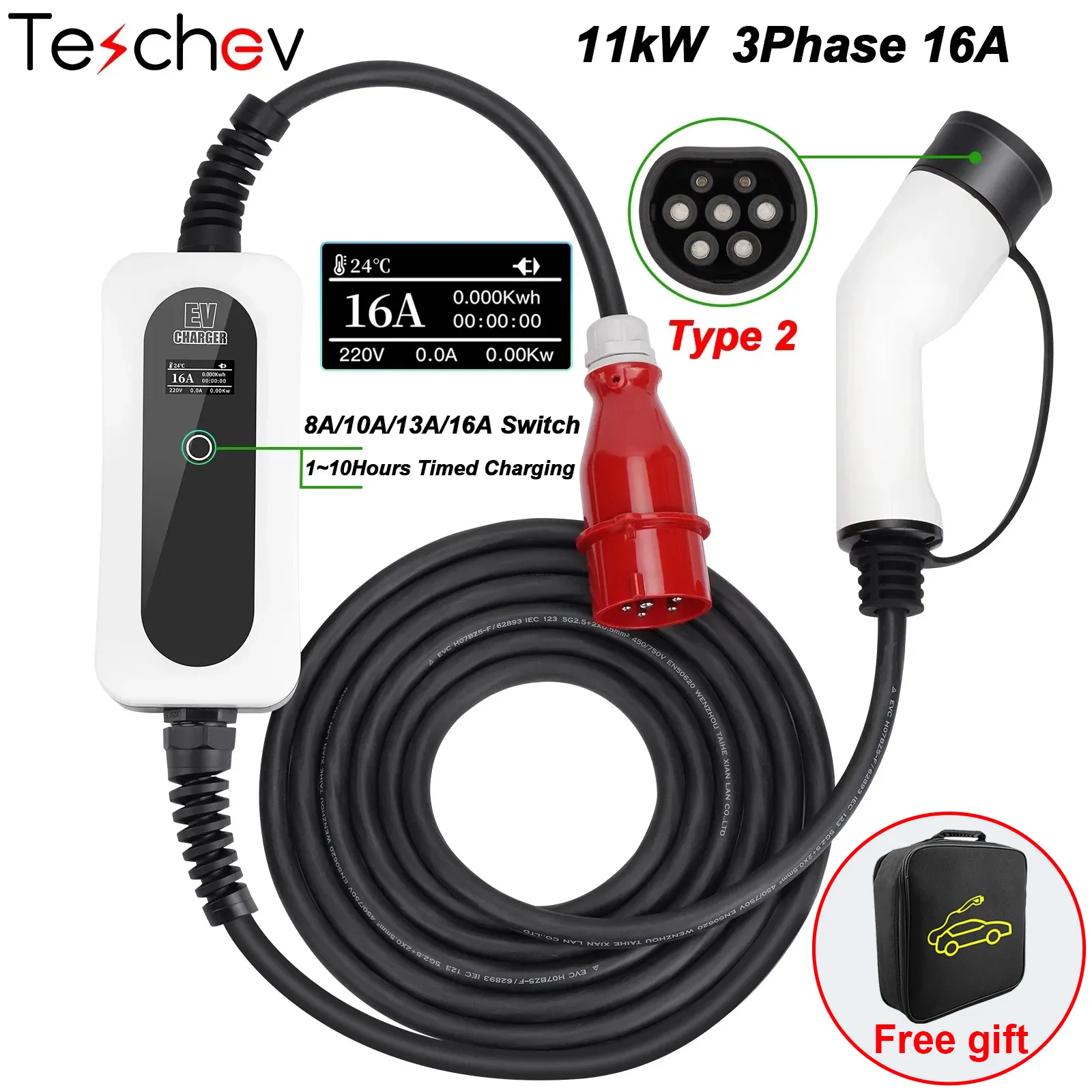 

Teschev 11KW EV Charger Type2 3 Phase 16A IEC 62196 CEE Red Plug Portable Charger Fast Charging EVSE Electric Vehicles 5M Cable