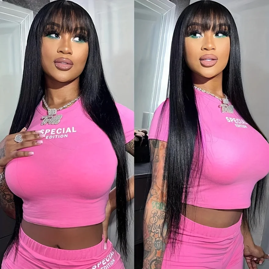 

100% Human Hair Wigs Straight Hair With Bang Fringe For Women Brazilian Bob Wig Glueless Full Machine Made With Bangs 30 Inch