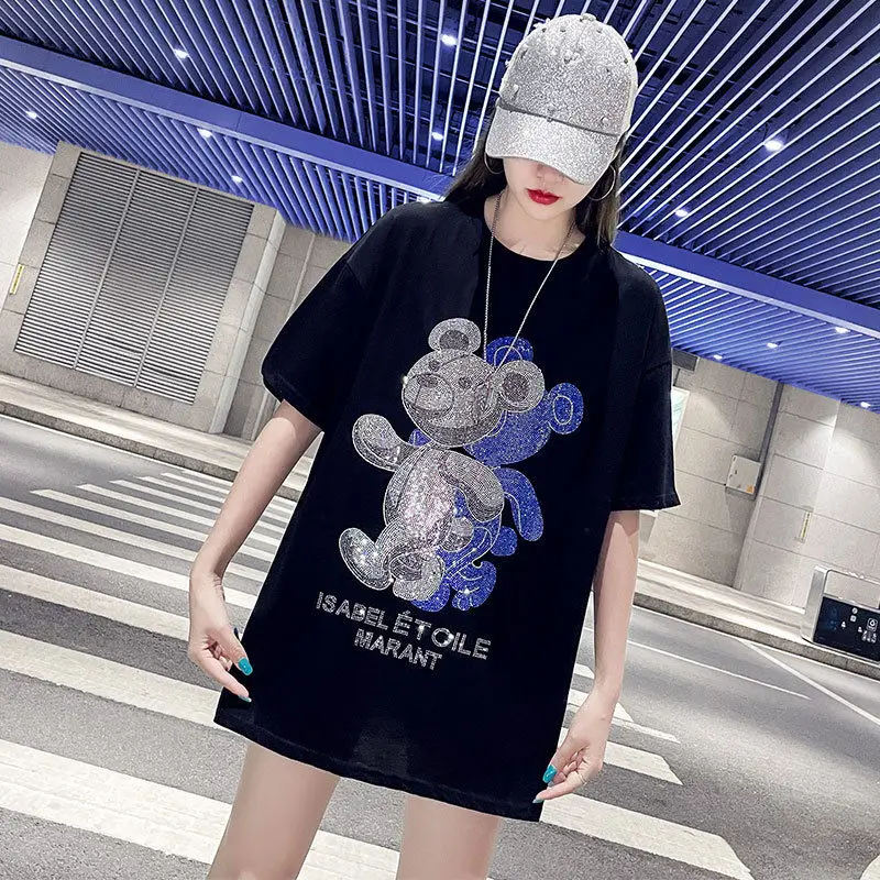 2022 New Mid-Length Black Heavy Industry Hot Drill Bear Cotton Short-Sleeved T-Shirt Women
2022 New Mid-Length Black Heavy Industry Hot Drill Bear Cotton Short-Sleeved T-Shirt Women