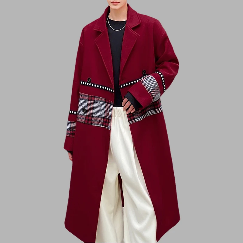 

Double-sided Cashmere Coat Men Lapel Long Sleeve Thousand Bird Checker Patchwork Streetwear Long Style Casual Mens Woolen Coats