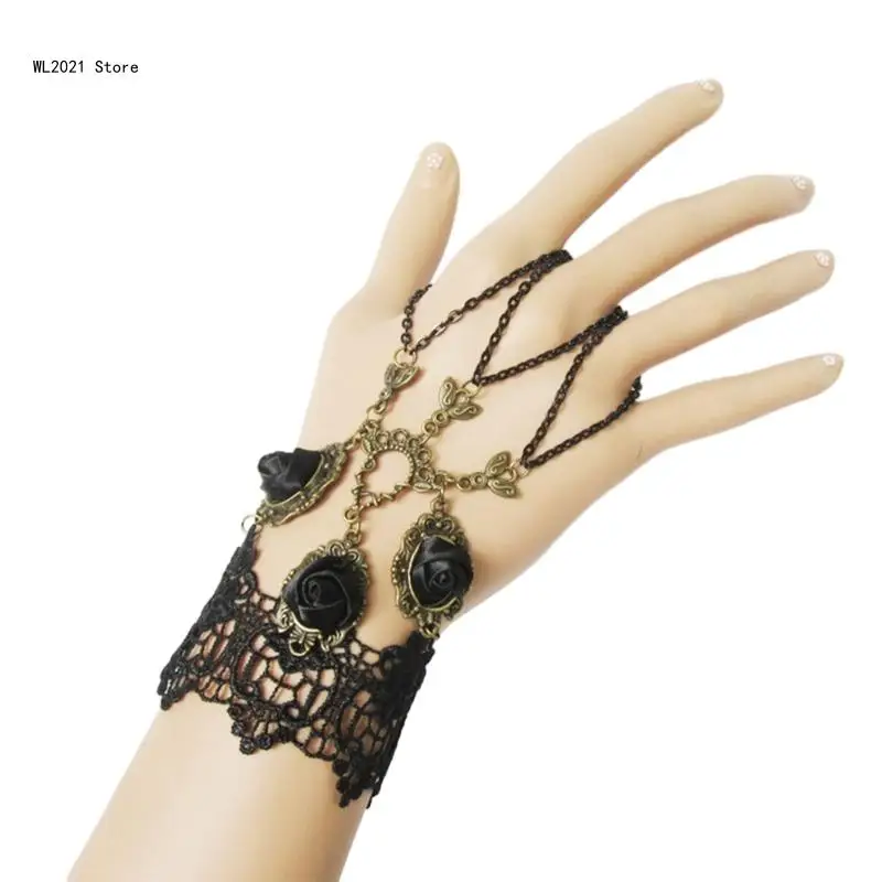 

Black Rose Gothic Lace Bracelet Finger Chain Vintage Steampunk Jewelry Lace Harness Hand Chain Wristband for Women Girls