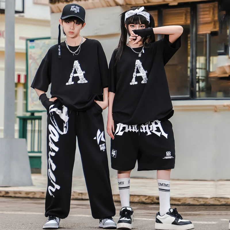 

Children Clothing Black T-Shirt Hiphop Pants Suit For Girls Modern Hip Hop Dance Costumes Boys Jazz Stage Rave Clothes DQS16202