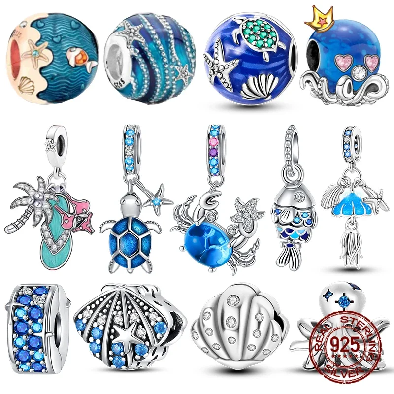 

925 Sterling Silver Ocean Theme turtle octopus Seashells Charms Beads Fit Pandora Original Bracelets DIY Jewelry making women