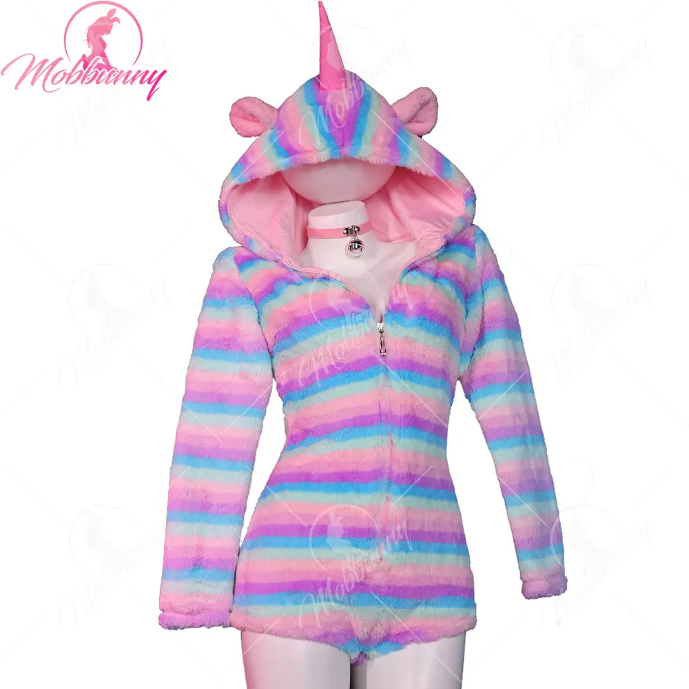 Women Kawaii Unicorn Fluffy Bodycon Romper Colorful Striped Print Onesie Bodysuit Hooded Homewear with Choker and Socks
Women Kawaii Unicorn Fluffy Bodycon Romper Colorful Striped Print Onesie Bodysuit Hooded Homewear with Choker and Socks