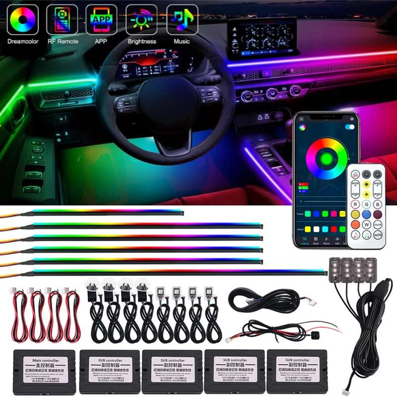 

18 / 22 In 1 Streamer Car Ambient Lights RGB 213 64 Color LED Interior Rainbow Acrylic Strip Symphony Remote Atmosphere Lamp Kit