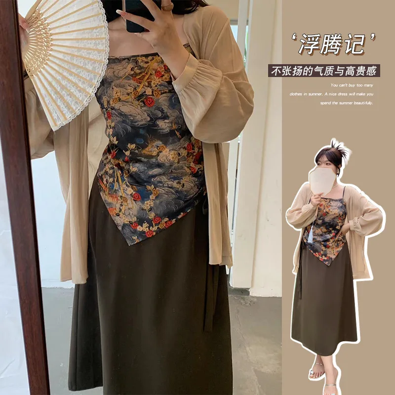 

Plus Slightly Fat Large size women clothing Women's National Style Three Piece Set ink Chinese ancient clothing Retro Sets