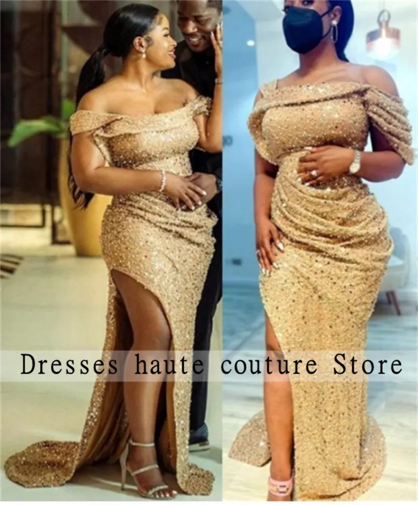 

Aso Ebi Gold Sequined High Split Evening Dresses 2024 Mermaid Lace Prom Dress Formal Second Reception Bridesmaid Gown Plus Size