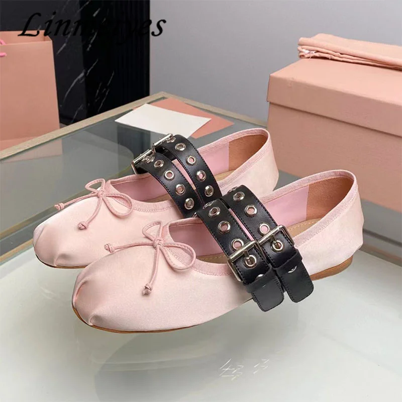 

New Ballet Flat Shoes Women Round Toe Metal Buckle Strap Runway Shoes Comfort Loafers Female Butterfly-knot Satin Mules Woman