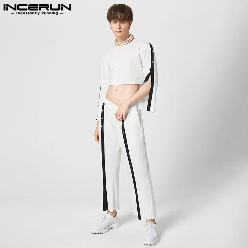 

INCERUN 2023 American Style New Mens Split Stitching Black&White Contrasting Long Sleeved Tops Pants Casual Two-piece Sets S-5XL