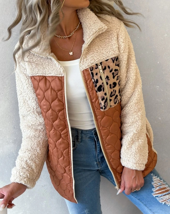 

Women's Jacket 2023 Autumn Fashion Leopard Patchwork Colorblock Zipper Fly Casual Turn-Down Collar Long Sleeve Puffer Teddy Coat