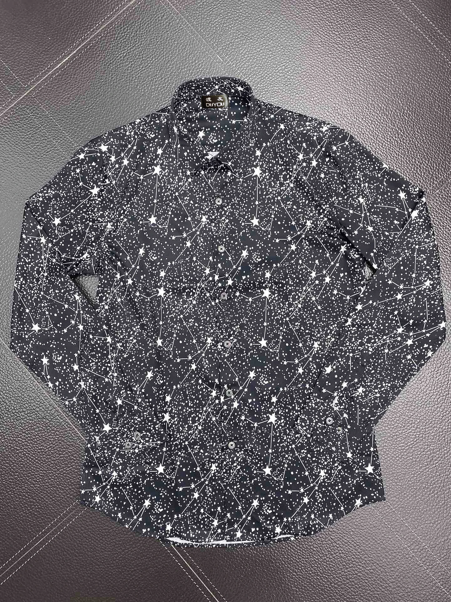 

Polka Dot Stars Pattern Men's Dress Shirts 100% Cotton Print Long Sleeve Camisas Masculina Casual Slim Fit Mens Business Shirts