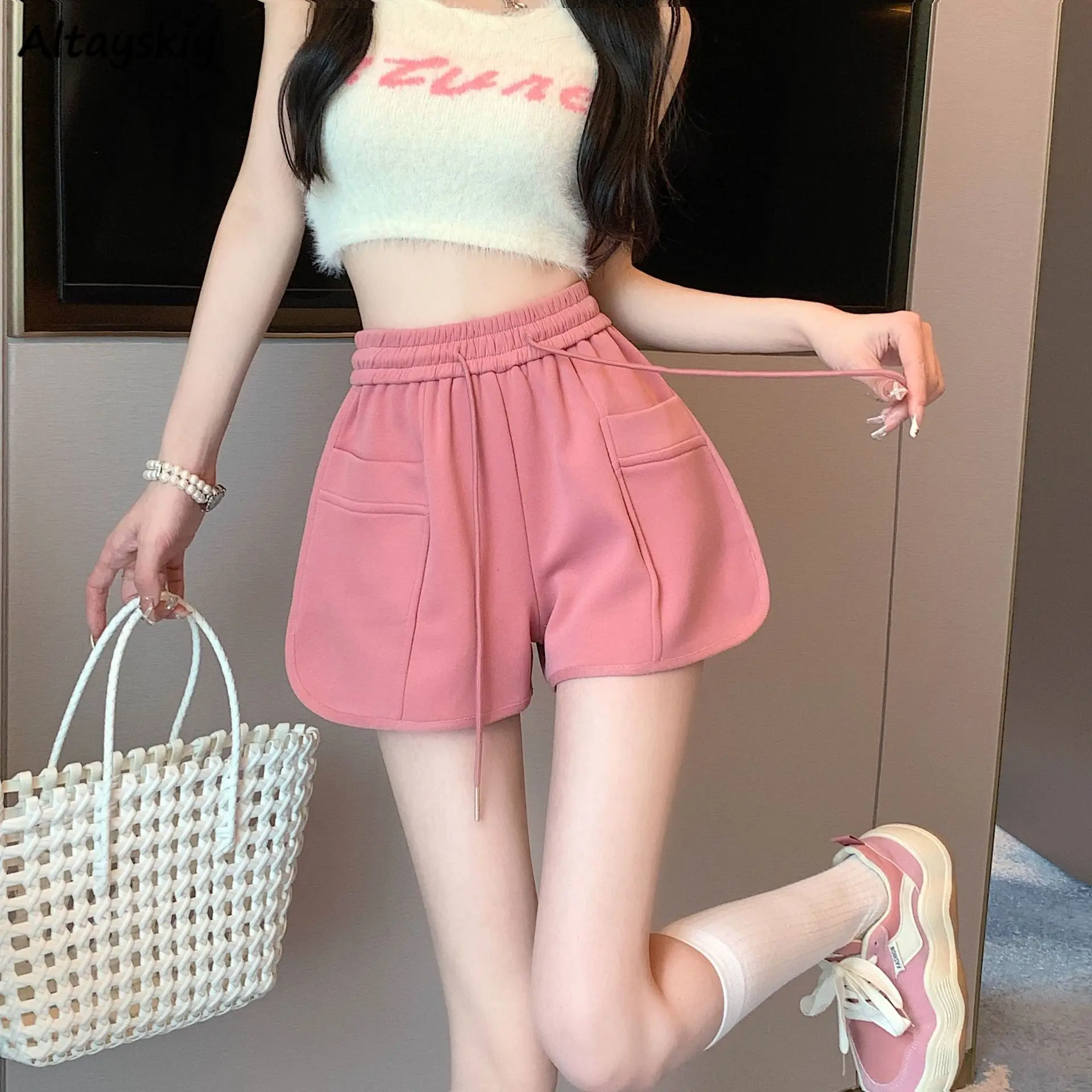

Pink Shorts Women Elastic Waist A-line Wide Leg Korean Fashion Hot Girls Sweet Ulzzang Cozy Exercise Running Summer Loose 5XL