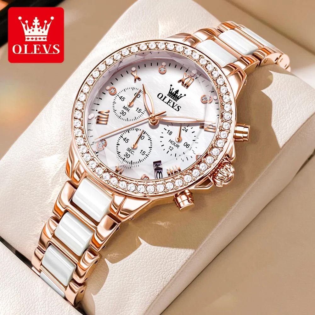 

OLEVS Luxury Brand Elegant Women's Watches Prismatic Mrror Waterproof Quartz Watch Calendar Chronograph Dress Bracelet Set Lady