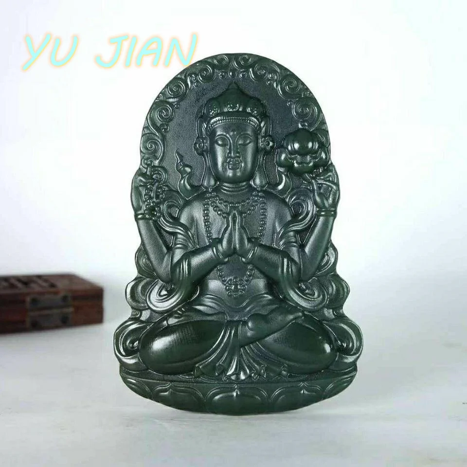 

Boutique Hetian Cyan Jade Hand Carved Four-Arm Guanyin Pendant Natural Jadeite Necklace Men And Women With Chain Exquisite Jewel