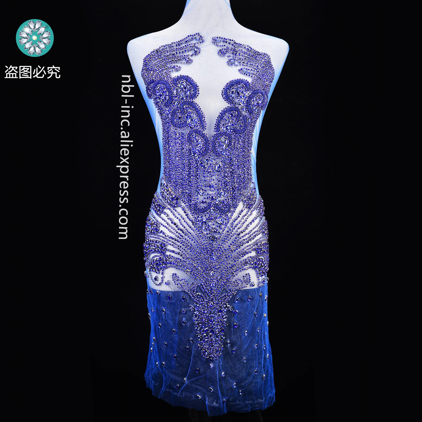

(1PC) Luxury hand crocheted dark blue crystal glass rhinestone bodice applique patch for wedding party prom dress WDD1359-BL