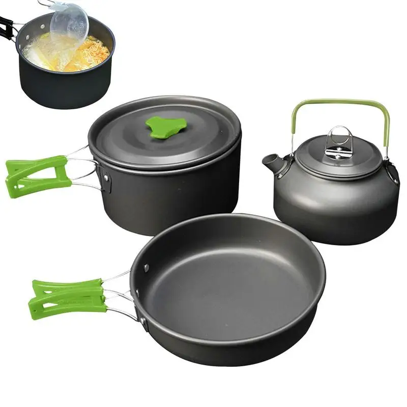 

Camping Cookware Metal Anti Scald Stackable Backpacking Cookware Anti Slip Cooking Set With Teapot Pot Pan Portable Camping