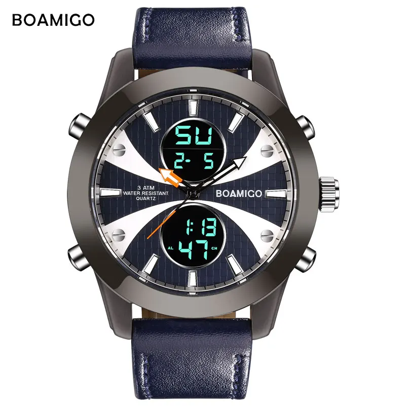 

BOAMIGO Brand Watches Men Sports Watches LED Watches Leather Digital Wristwatches 30m Water Resistant Quartz Reloj Masculino