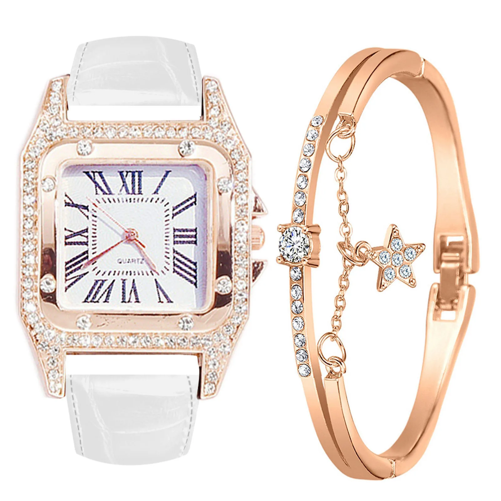 

Ladies Strap, Square Dial, Diamond and Star Bracelet Quartz Watch Set montre femme luxe de marque montre femme acier inoxydable