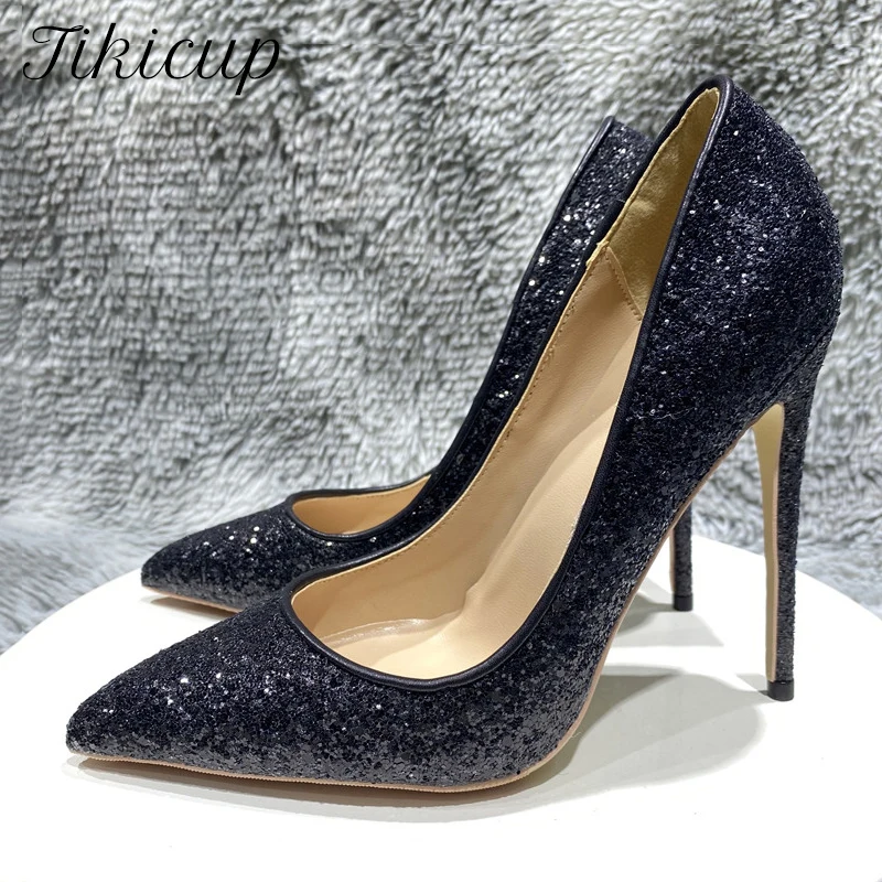 

Tikicup Black Sequined Women Shiny Pointy Toe High Heel Shoes for Party Dress Sexy Ladies Slip On Stiletto Pumps 8cm 10cm 12cm