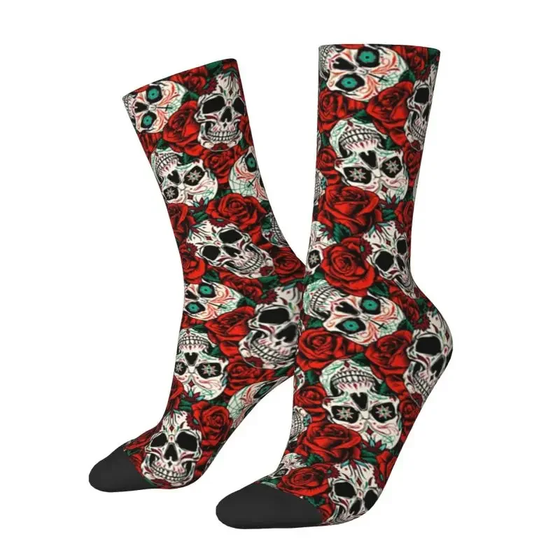 

Fun Mens Sugar Skull And Roses Flowers Dress Socks Unisex Warm Breathbale 3D Printed Gothic Design Day Of The Dead Crew Socks