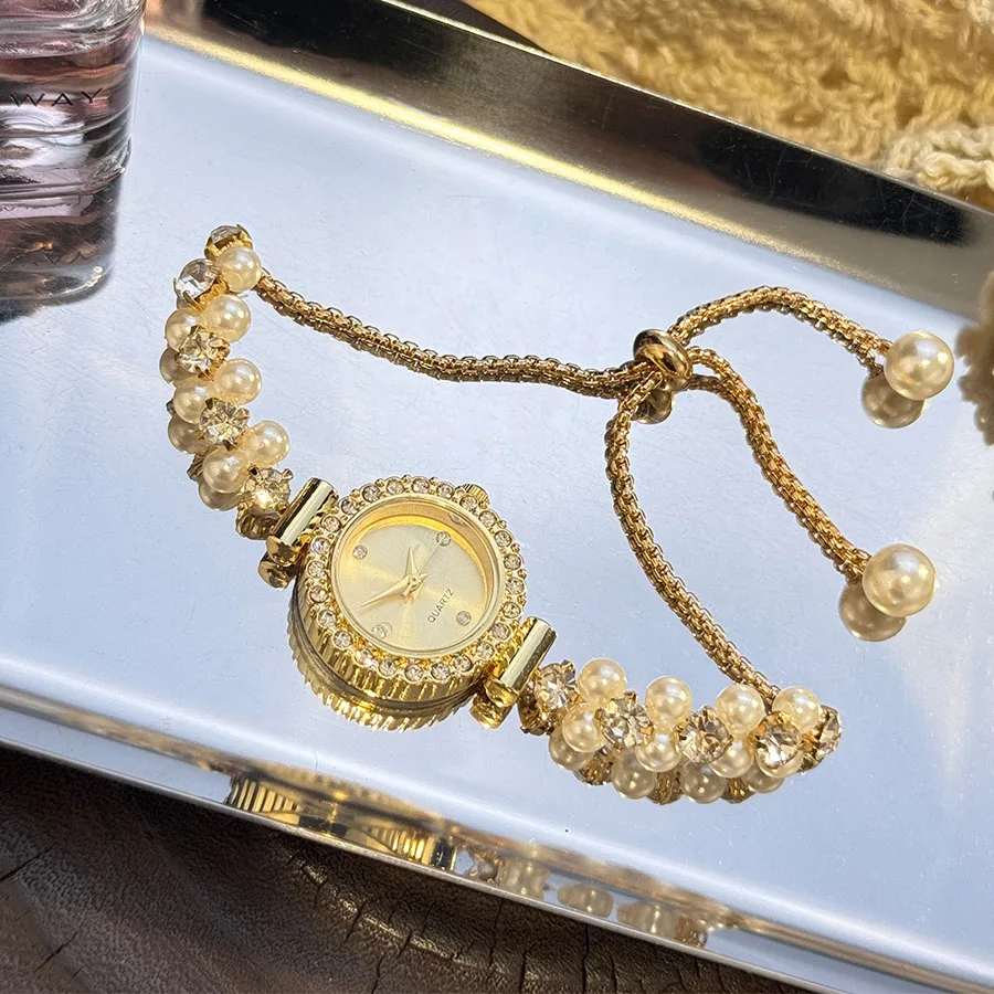 Double-Row Pearl Diamond-Encrusted Pull Rope Bracelet Women's Quartz Watch Romantic SweetStyle Fashion Luxury Niche Wristwatch Double-Row Pearl Diamond-Encrusted Pull Rope Bracelet Women's Quartz Watch Romantic SweetStyle Fashion Luxury Niche Wristwatch