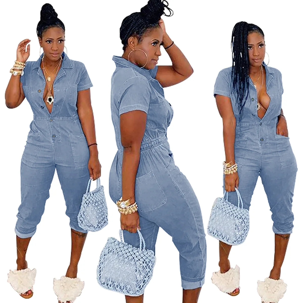 Women's Fashion Casual Short Sleeve Solid Regular Calf-length Jumpsuits with Pockets 
Women's Fashion Casual Short Sleeve Solid Regular Calf-length Jumpsuits with Pockets