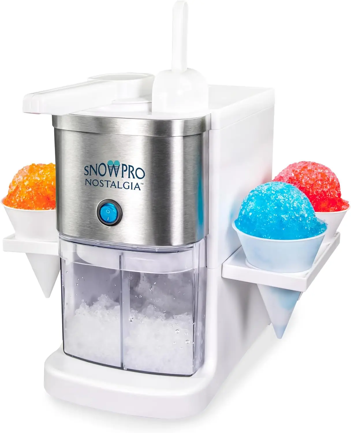 

Electric Shaved Ice & Snow Cone Maker 64-Ounce Ice Shaving Capacity, 4 Reusable Cones, Side Shelves