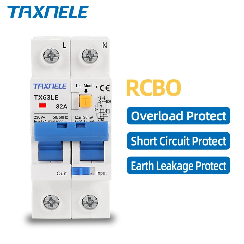 

230V Residual Current Circuit Breaker MCB 30mA Overload Short Current Leakage Protection Protect 10A 16A 20A 25A 32A 40A 63A 80A