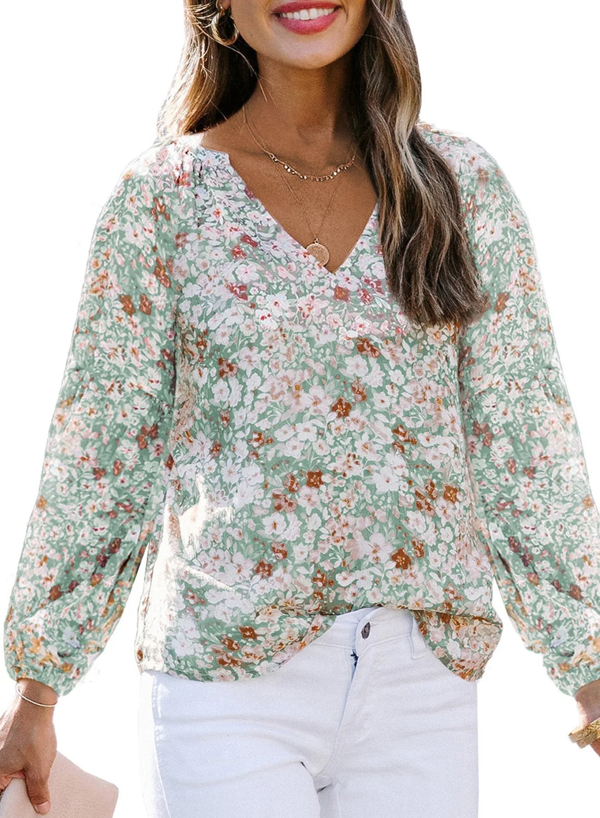 Women Chiffon Blouse Little Flower Printed V-neck Long Sleeve Summer Light Soft Top
Women Chiffon Blouse Little Flower Printed V-neck Long Sleeve Summer Light Soft Top