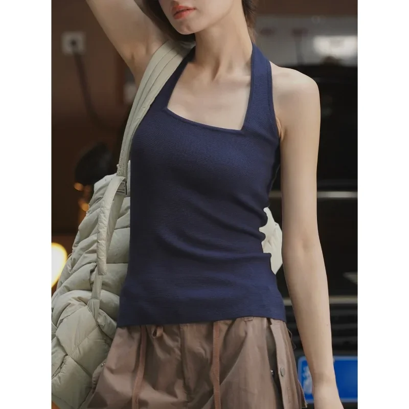 

Women Halter Neck Vest Slim Lyocell Backless Tops Autumn Inner Tshirts Korean Sexy Open Back Slim Short Sleeveless Tanks Clothes