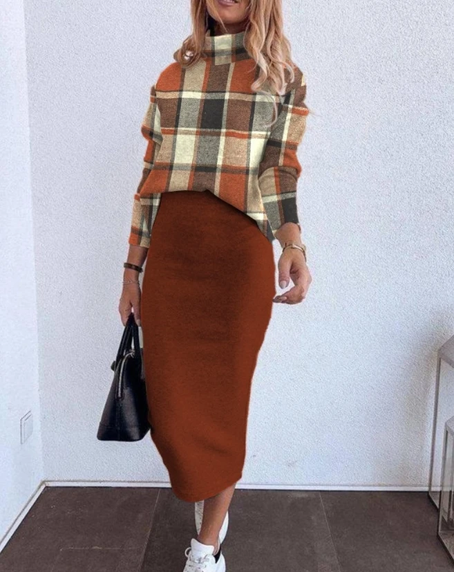 

Long Skirt Women's 2023 New Hot Selling Fashion Check Pattern Standing Neck Long Sleeve Top and Skirt Set