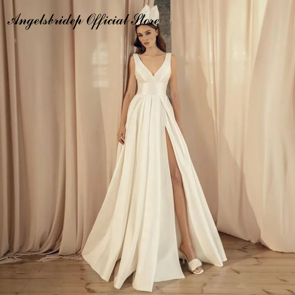 Angelsbridep изысканное атласное свадебное платье Русалка с V-образным вырезом Длинные свадебные платья с разрезом сбоку изящное свадебное платье 
Angelsbridep изысканное атласное свадебное платье Русалка с V-образным вырезом Длинные свадебные платья с разрезом сбоку изящное свадебное платье
