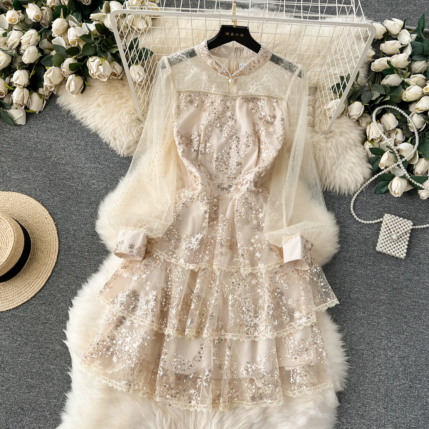 

MSHARBOR Luxury Sequins Embellished Embroidery Mesh Short Dress Court Style Puffed Sleeve Lace Stitching Socialite Party Dress