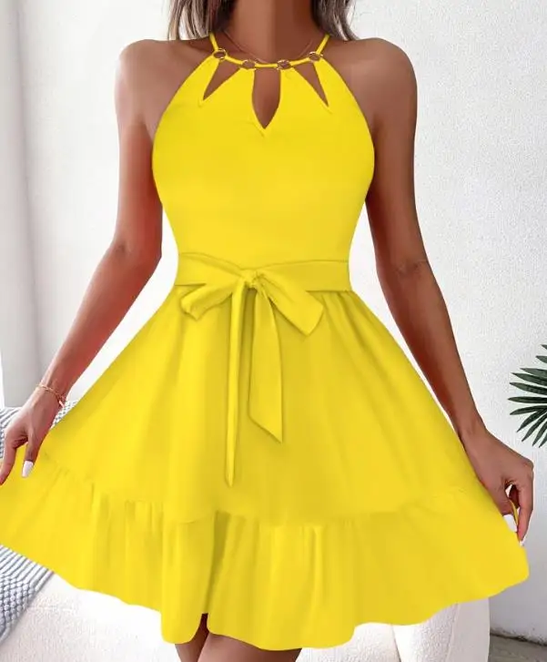 

Women's Dresses 2023 Summer Fashion Cutout Ruffle Hem Sleeveless Casual Plain Asymmetrical Neck Tied Detail Daily Mini Dress