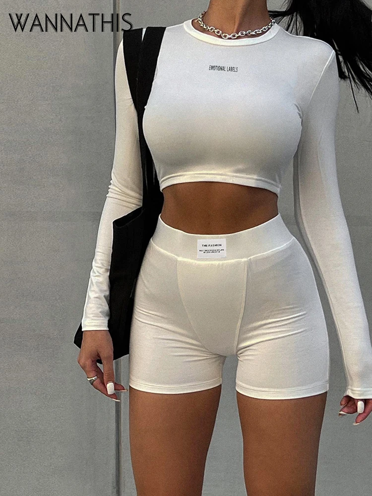 

WannaThis Summer Long Sleeve Shorts Suit Streetwear Women Fashion English Slogan Sportswear Outfit O-Neck Top And Shorts