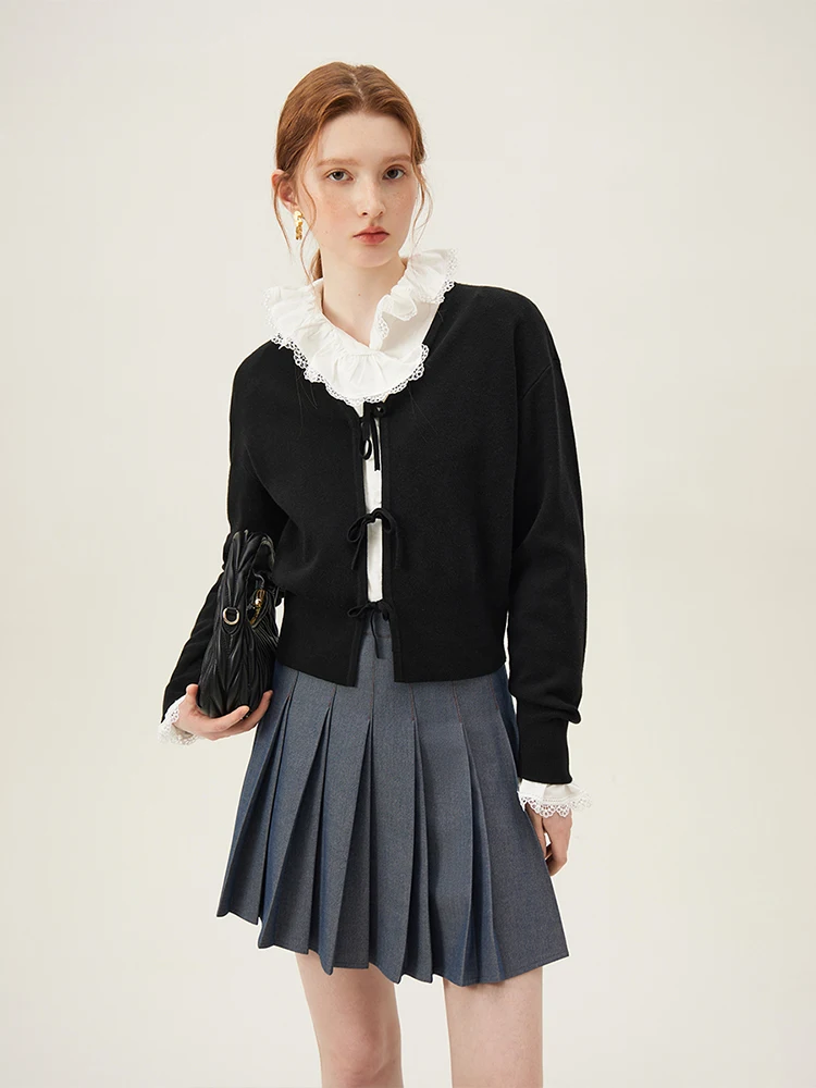 

FSLE 9.2% Wool Women Short Black Warm V-Neck Sweater Cardigans Lace Up Placket Design Female Grey Spring Sweaters 24FS11151