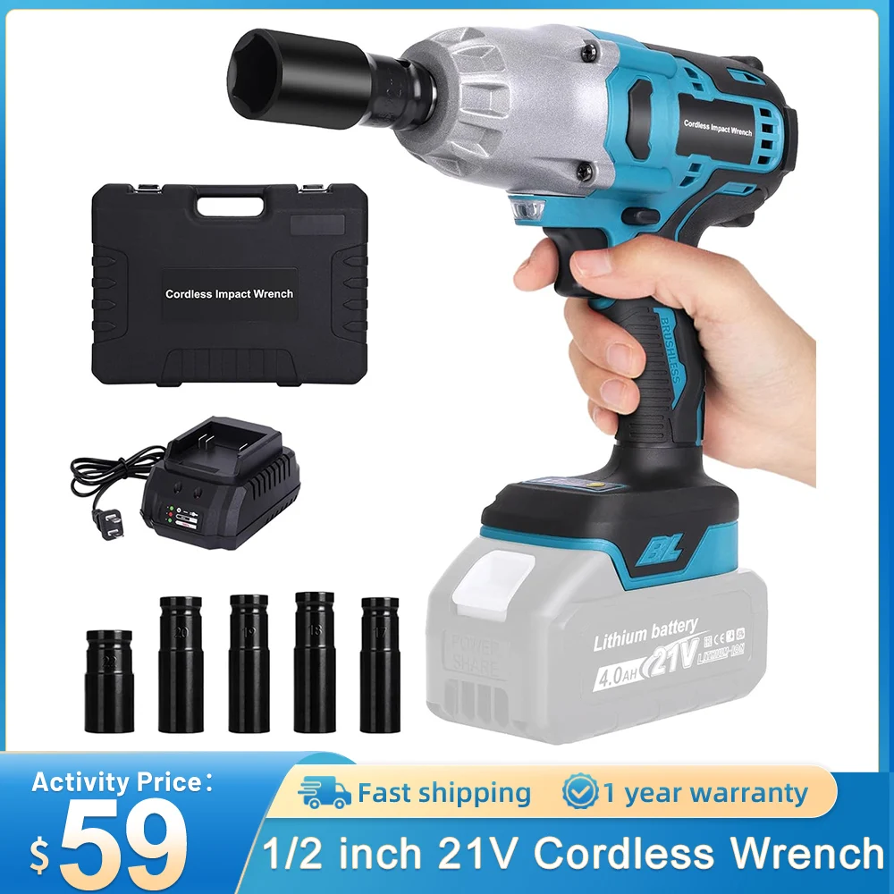 

Brushless Cordless Electric Impact Wrench Rechargeable LED 1/2" Compatible For Makita 21V (without Battery) Screwdriver Tools